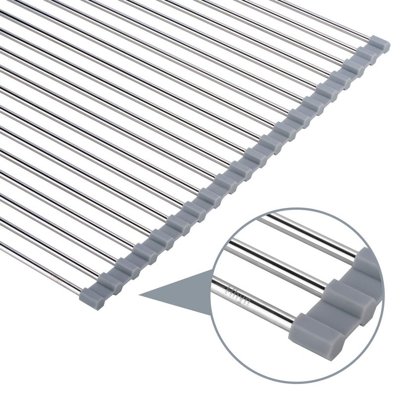 Hhyn Roll Up Dish Drying Rack Over The Sink 17.7"(L) x 15.6"(W), Multipurpose Foldable Stainless Steel Kitchen Rollable Drainer Rack, Gray - Image 4